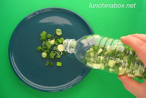 Freezing chopped green onions in plastic drink bottles