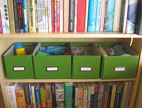 New kitchen bookcase after reorganization (boxes open)