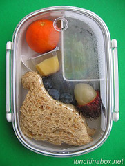 Dinosaur sandwich bento lunch for preschooler (lid closed)