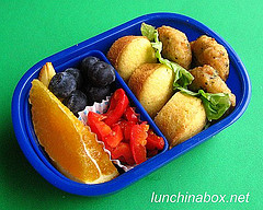 Crab cake & mini muffin bento lunch for preschooler