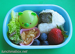 Kalbi rice ball bento lunch for preschooler (with surprise animal cap)